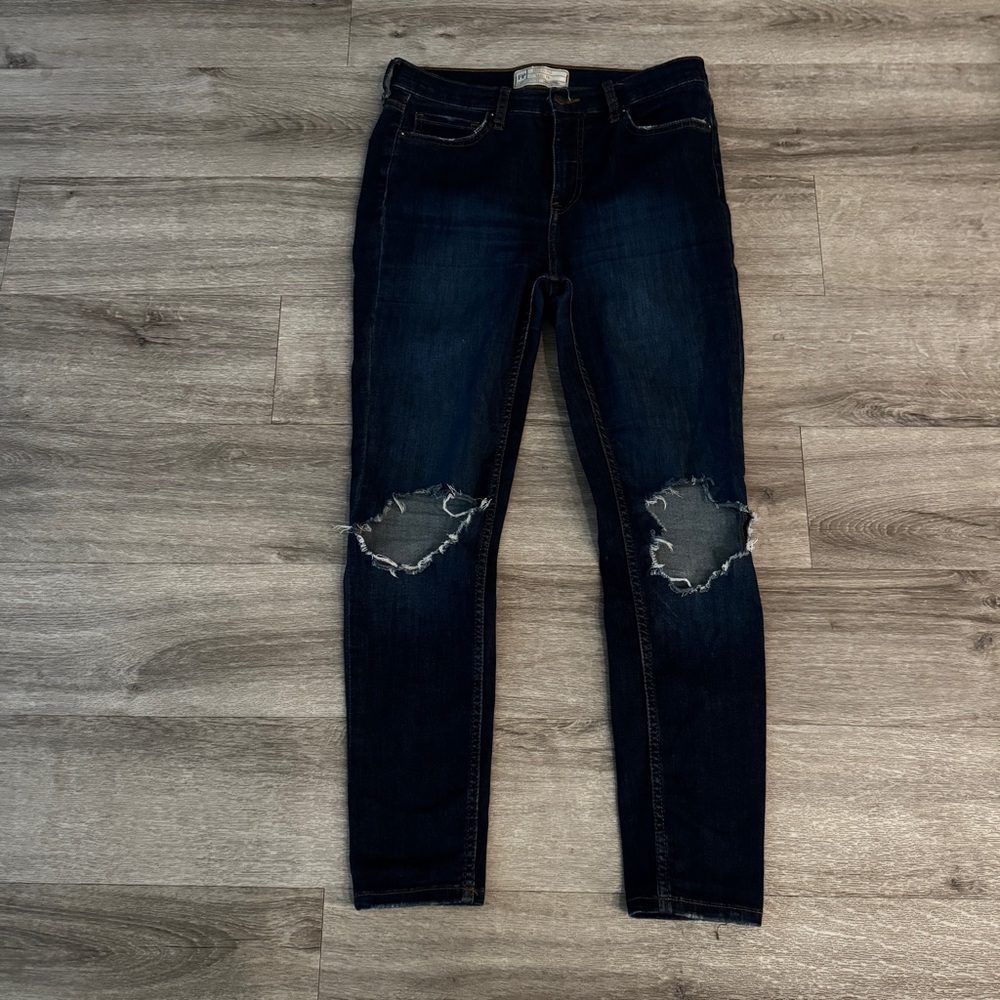 Free People Dark Blue Skinny Distressed Jeans